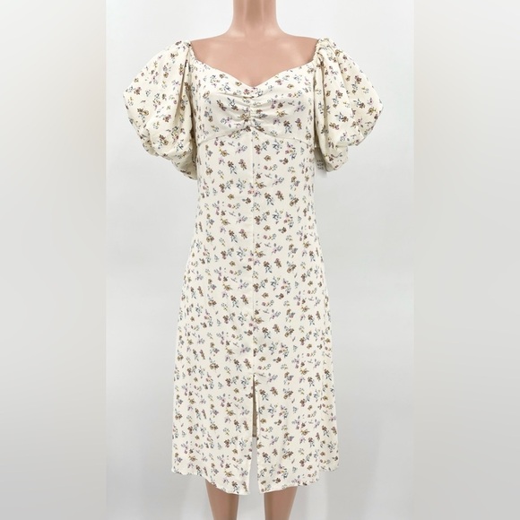 NWT AND NOW THIS Cream Floral Puff Sleeve Front Slit Midi Dress - Picture 1 of 13